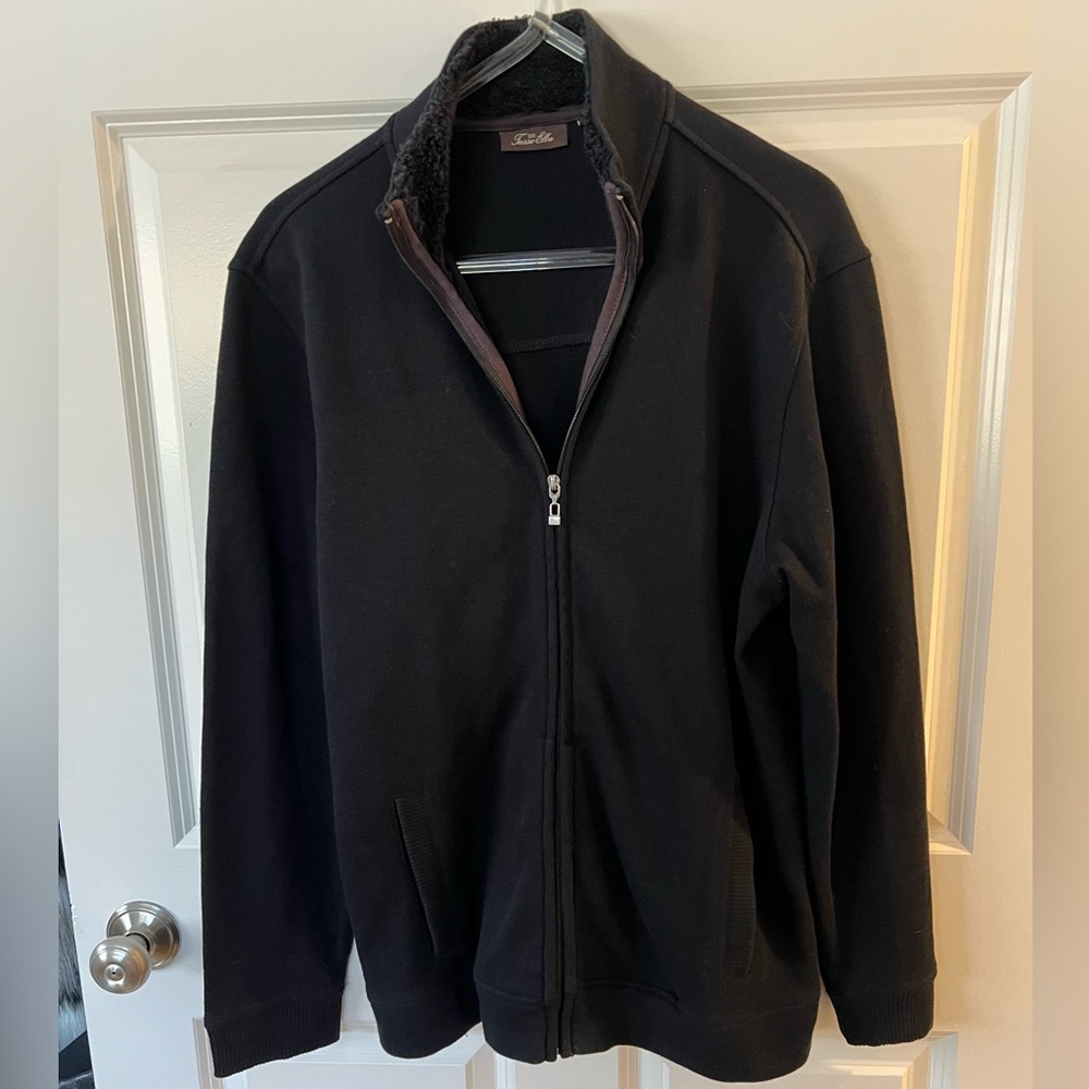 Tasso Elba knit zip cardigan black burgundy trimmed w/fleece collar - Size Large